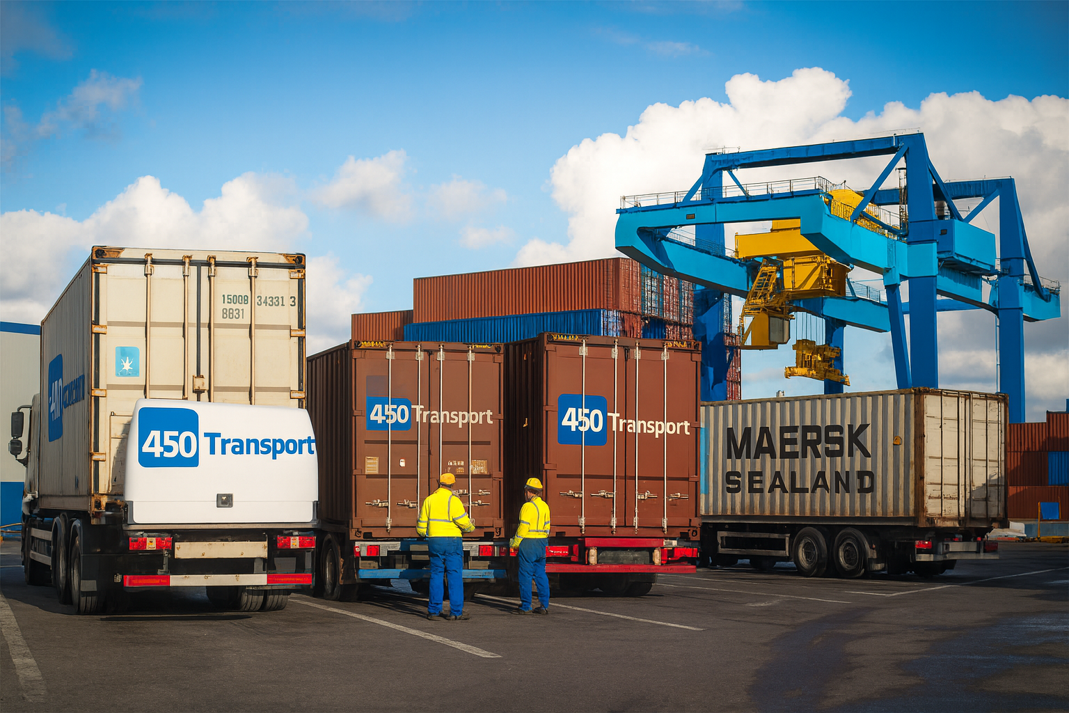 Port logistics with cranes and shipping containers